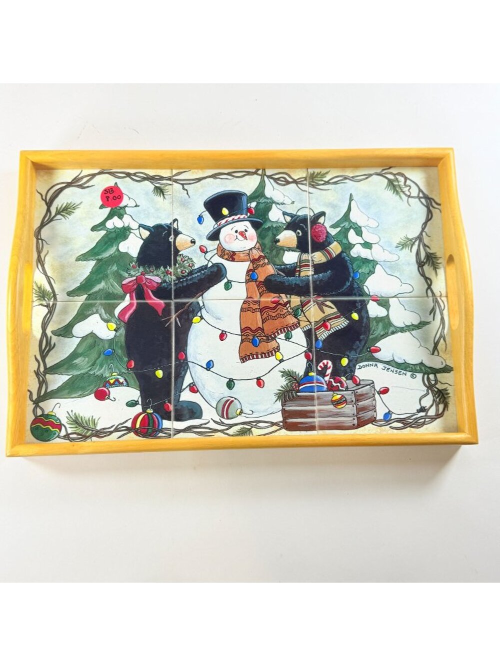 Christmas Winter Scene Tile & Wood Snowman Holly Rectangular Serving Tray